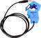A blue current transformer with cable and jack plug. Model: SCT013, for measuring current strengths up to 5A.