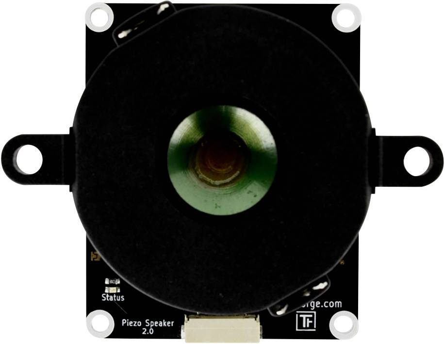 Round piezo speaker on a black square circuit board with connector socket at the bottom. Brand name and model number visible below.