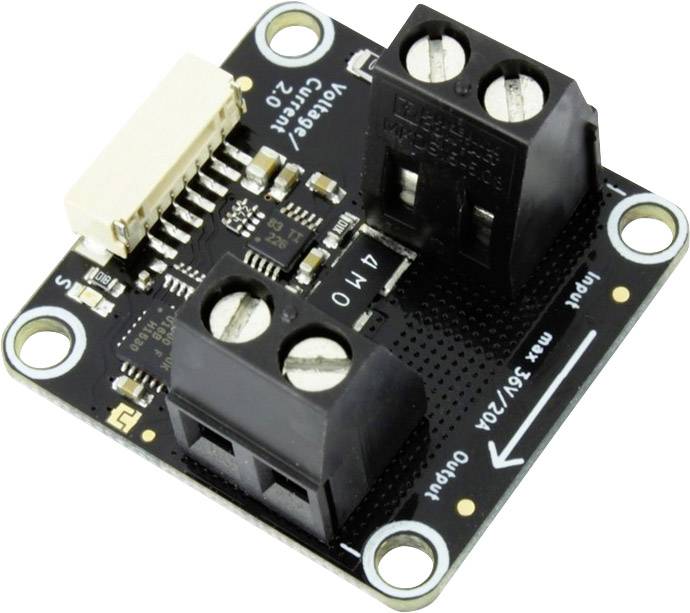 Small electronic module for controlling electrical currents. Contains multiple connectors and electronic components on a black circuit board.