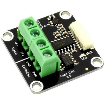 Small electronic circuit board with green terminal blocks and multiple integrated circuits for signal processing of load cells.