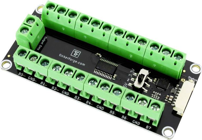 A green circuit board with multiple terminals and an integrated circuit. It bears the logo 'tinkerforge.com'.
