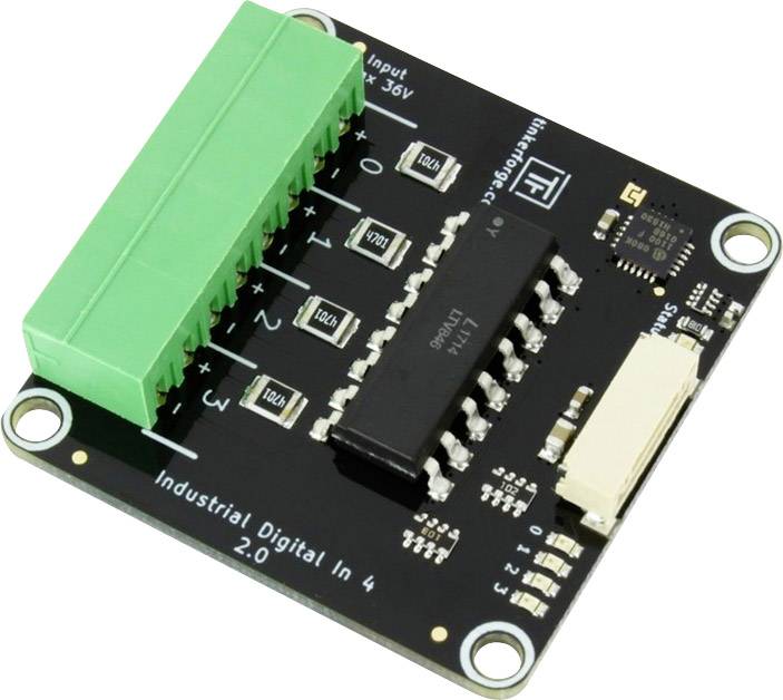 A black printed circuit board with green connectors, marked for inputs, and a large chip in the centre. Top left reads 'Input 36V'.