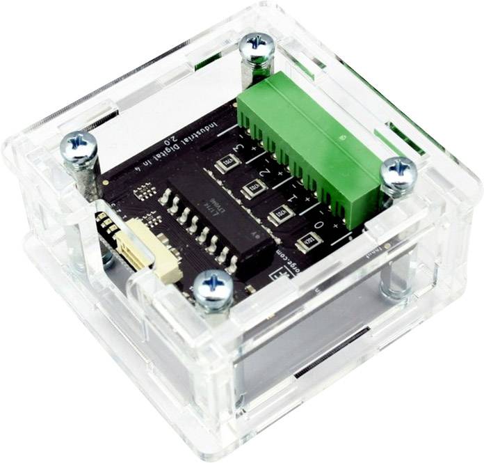 An electronic device in a transparent casing with green connectors and black circuit boards, secured with screws.