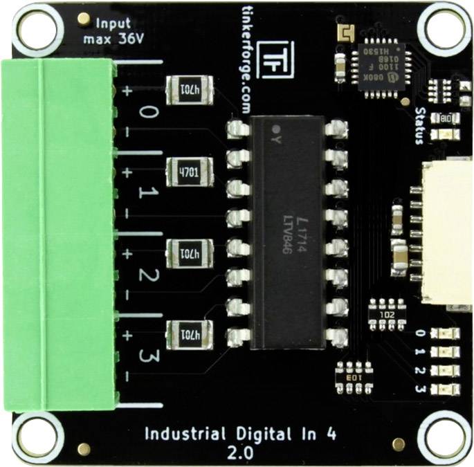 Industrial digital input module with label 'Input max 36V', six green connectors and central chip.