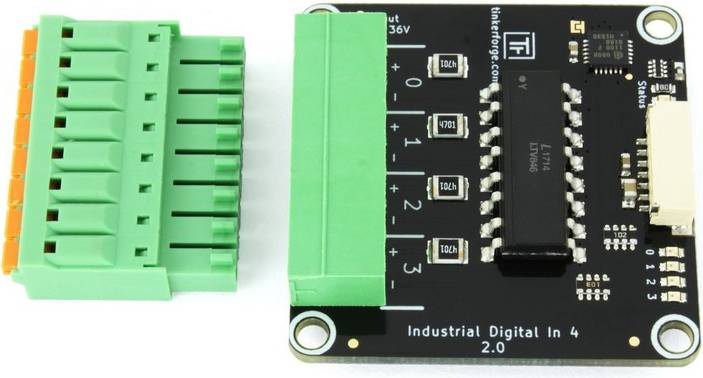 Industrial digital input module with 4 inputs; black printed circuit board with green connectors, suitable for sensors and control systems.