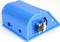 A blue, rectangular electronic device with ventilation slots and a small electrical component attached to its side.