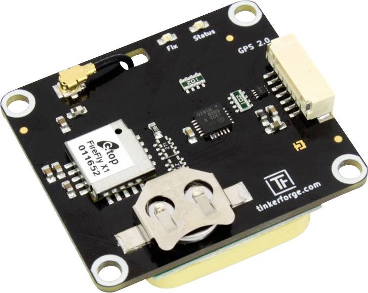 A GPS module with multiple electronic components on a circuit board, including a memory chip and a gold-plated antenna connector.
