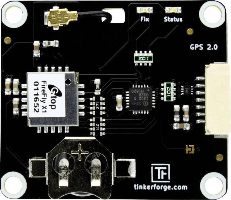 Electronic board with the inscription 'GPS 2.0', featuring multiple ports and components. Manufacturer's logo in the bottom right corner.