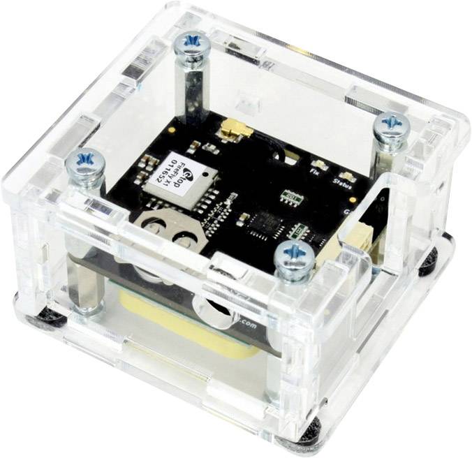 A transparent plastic box contains a small electronic circuit board with visible components and screw connections.