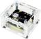 A transparent plastic box contains a small electronic circuit board with visible components and screw connections.