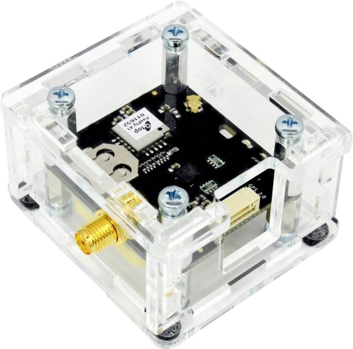 A transparent, cube-shaped enclosure with a small circuit board inside, secured by four silver screws.