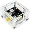 A transparent, cube-shaped enclosure with a small circuit board inside, secured by four silver screws.
