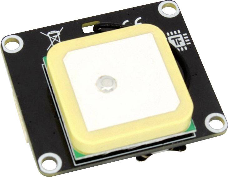 A square GPS module with four mounting holes in the corners, mounted on a small black circuit board.