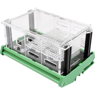 A transparent, rectangular plastic box on a green stand. It has ventilated sides, suitable for storage or experiments.