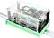 A transparent electronics enclosure with multiple green connectors, mounted on a green DIN rail.