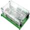 A transparent casing reveals electronic circuit boards with green connectors. It is used for control and signal processing.