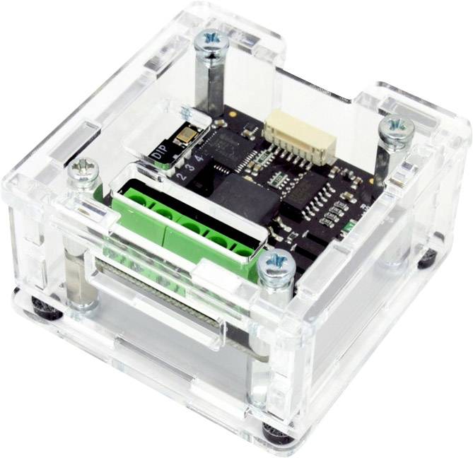A transparent plastic case displays an electronic circuit board with visible chips and connections, suitable for technical applications.