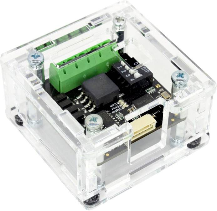 Small transparent plastic frame with an electronic circuit board inside. The circuit board has various connections and components.