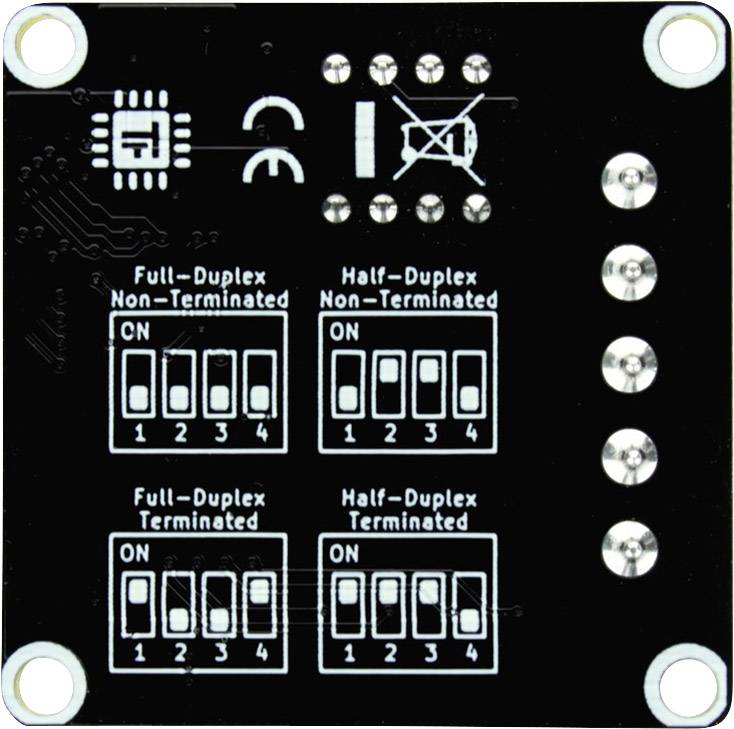 'Black circuit board with circuits and DIP switches. Labels show settings for 'Full-Duplex' and 'Half-Duplex'.'
