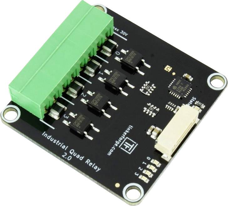 Industrial quad relay module with green terminal block and multiple black chips on a rectangular circuit board.