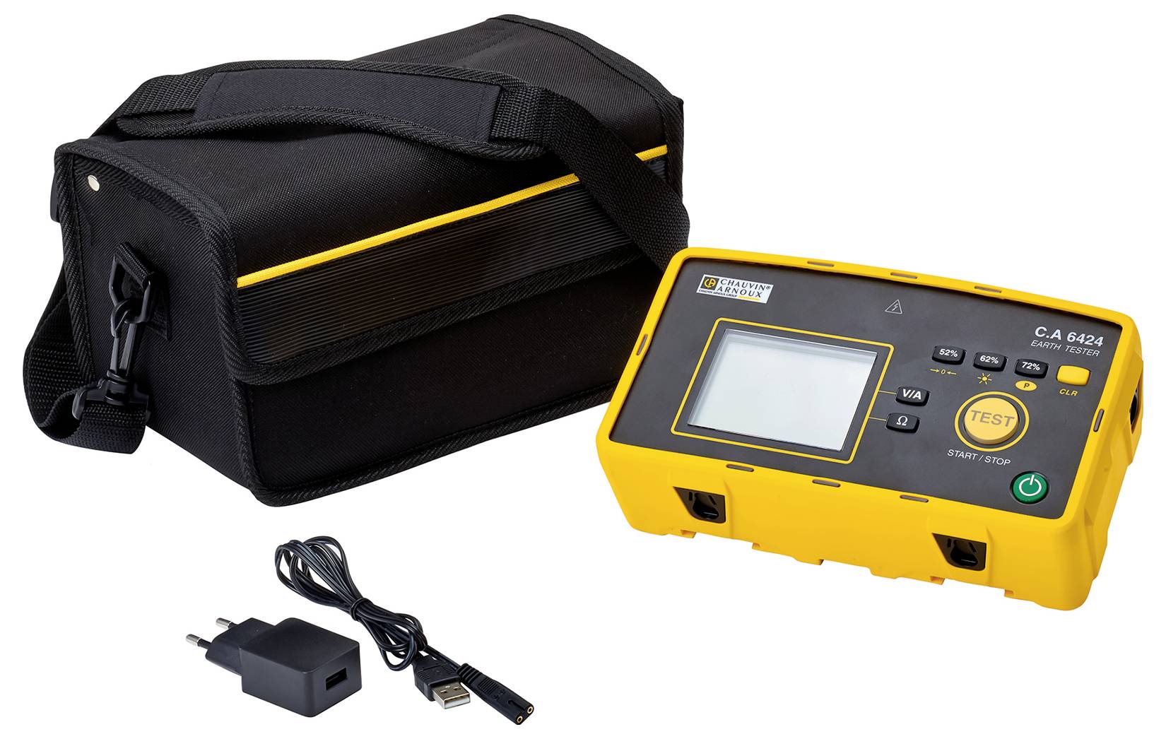 A yellow electrical testing device next to a black carry case and a USB cable.