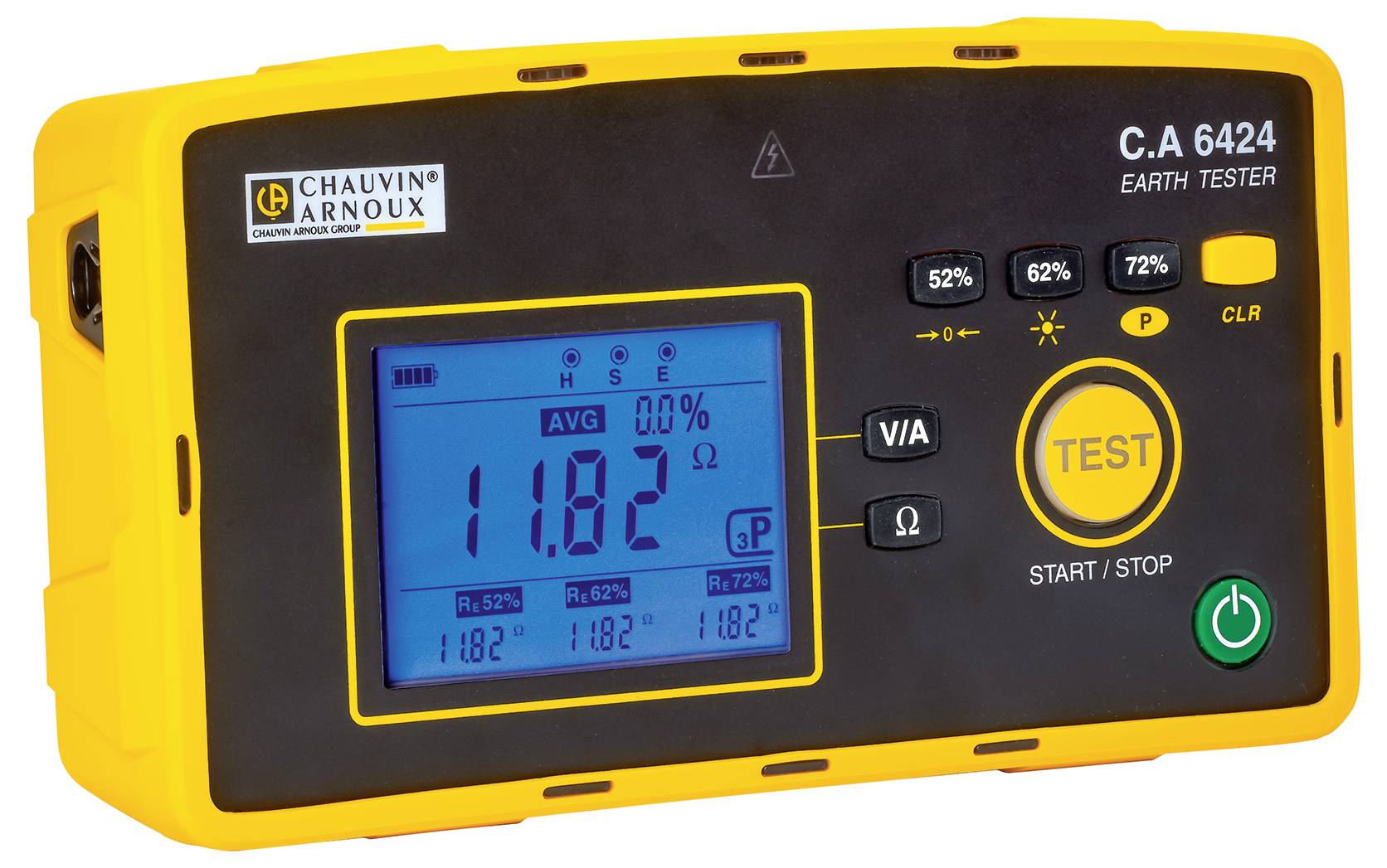 A yellow earthing measurement device with a display showing '118.2 Ω'. The brand name 'Chauvin Arnoux' is positioned in the top left corner.