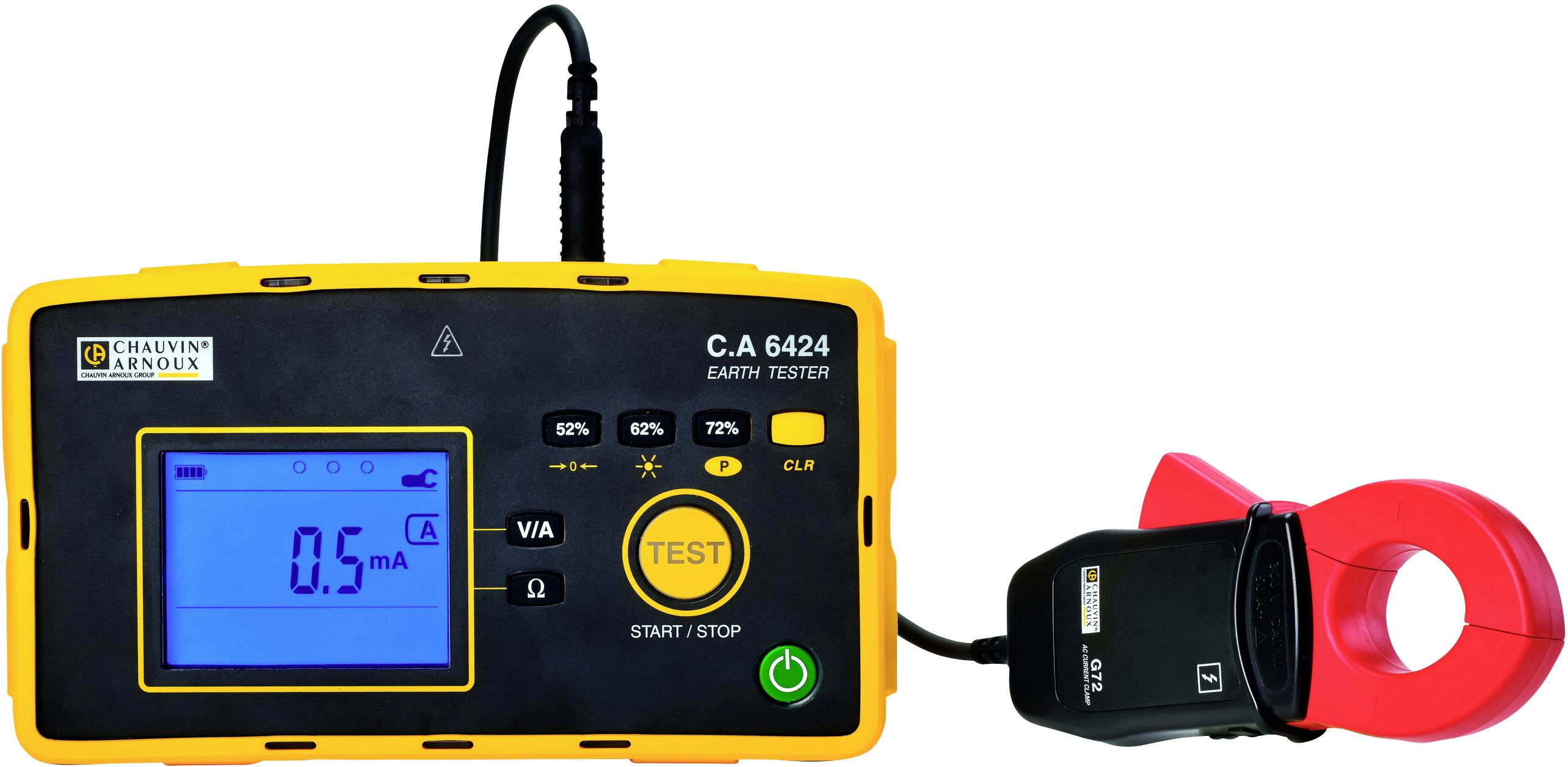 Device for earth resistance measurement with digital display, showing a measured value of 0.5 mA, surrounded by function buttons and connection terminal.