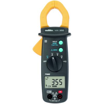 Digital electrical multimeter with an orange clamp. The screen displays '355'. Rotary dial for modes, button for 'Hold' and 'Peak', several symbols.