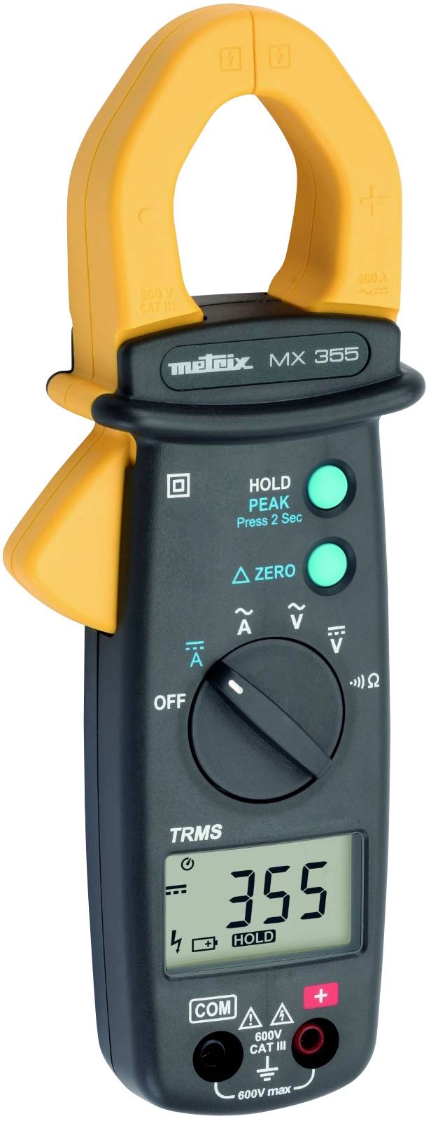 A digital clamp multimeter with a display shows '355'. It has a yellow clamp, mode selection buttons, and is designed for electrical measurements.