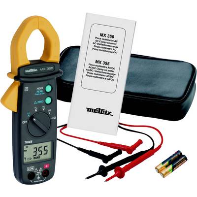 A digital clamp multimeter with display shows '3.55'. Beside it are test leads, an instruction manual, and batteries.
