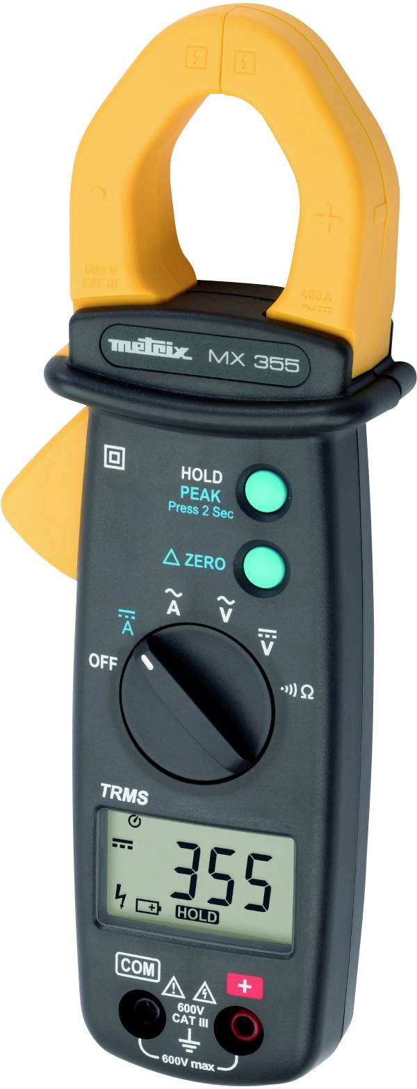 Handheld digital multimeter with clamp attachment, LCD display showing '355', various function buttons and rotary dial for measurement modes.