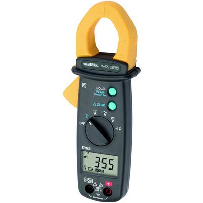 Handheld digital multimeter with clamp attachment, LCD display showing '355', various function buttons and rotary dial for measurement modes.
