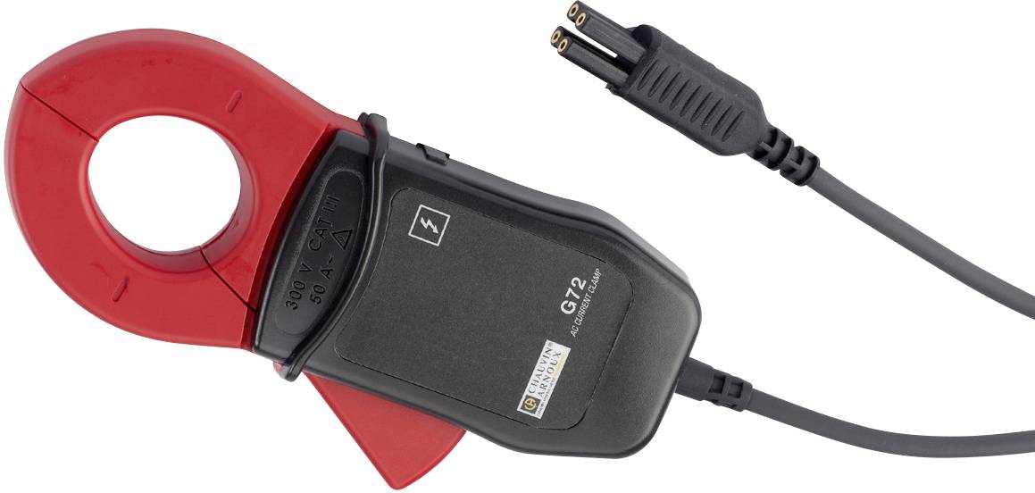 A clamp ammeter with a red gripper and black casing. A black cable with a plug connector is attached.