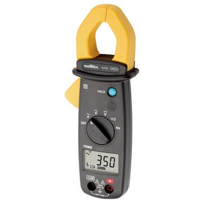 A digital clamp meter is displaying a reading of '350' on the screen. It has a rotary switch and orange clamps.