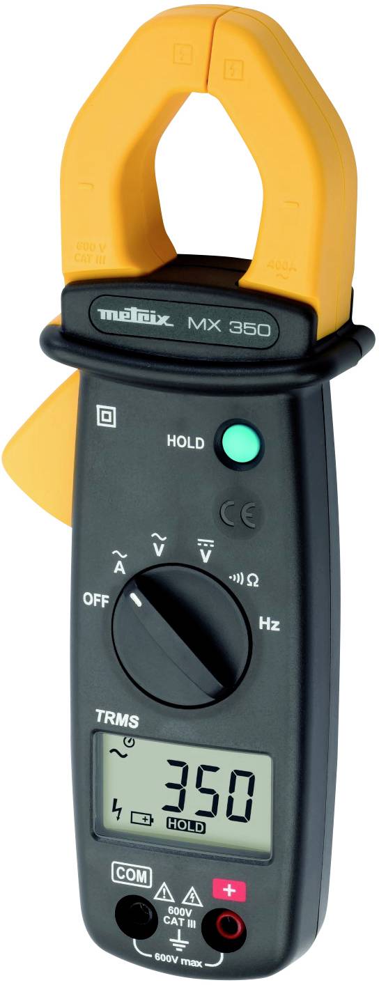 A digital clamp meter with yellow jaws and a black casing, displaying '350' on the screen.