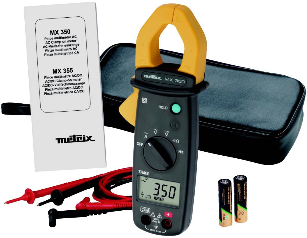 A digital multimeter set with measuring device, batteries, test leads, instruction manual and storage case. Instrument displays '350'.