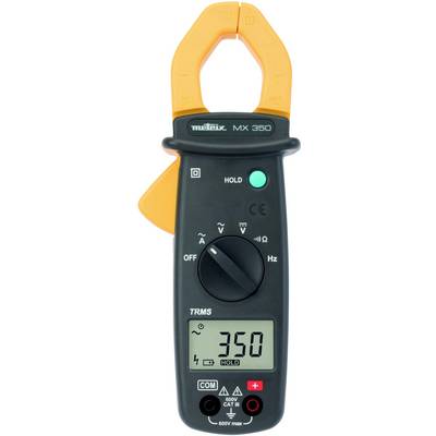 A multimeter with clamp display, model 'Metrix MX 350'. The display shows a measurement value of 350. Switches for various measurement functions.