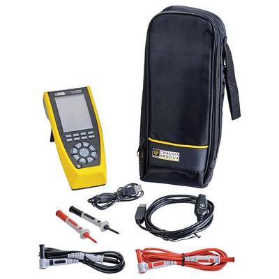 Multimeter with yellow casing, cable accessories and black carry case.