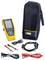 Multimeter with yellow casing, cable accessories and black carry case.