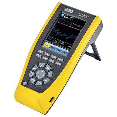 Portable testing device with a yellow casing and screen displaying current and voltage waveforms. Control buttons positioned underneath.