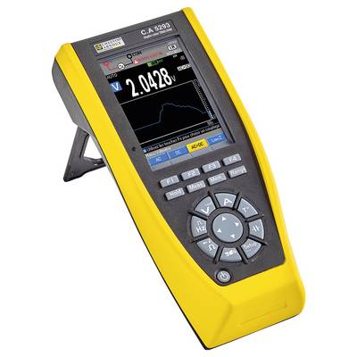 Portable digital measuring device with a yellow casing displays voltage of '2.042V' on its screen. It has a stand support and numerous operating buttons.