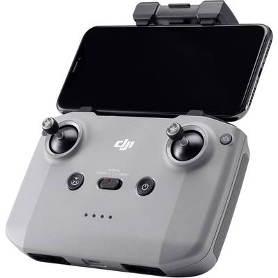 A grey drone controller with two joysticks and three buttons. A smartphone is mounted on top to serve as a screen.