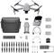 'Drone set comprising drone, controller, three batteries, charger, propellers, cables and carry case, arranged on white background.'