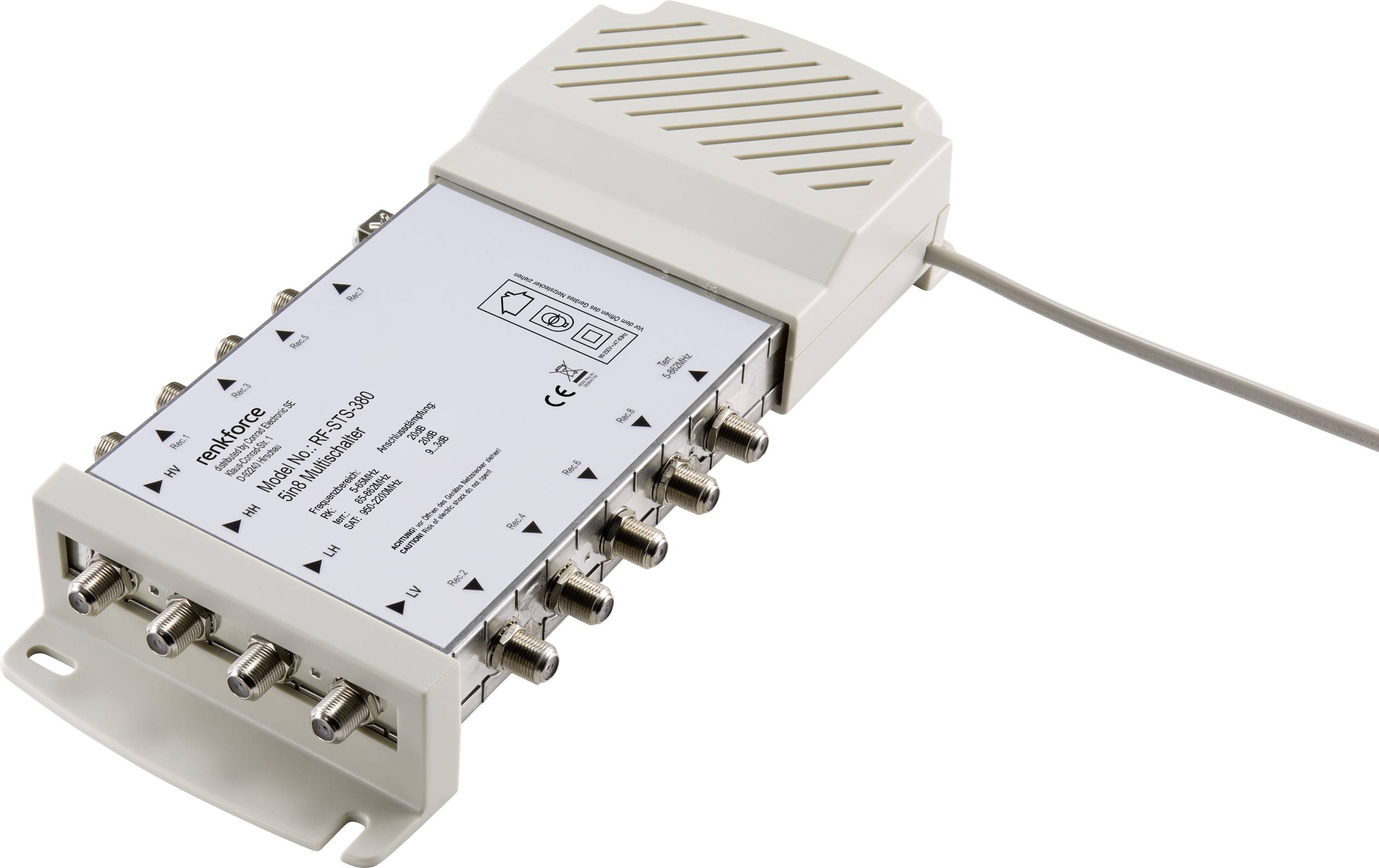 'Multischalter MS5/8ECO' by 'Mitiska', white housing, multiple coaxial connections for satellite reception.