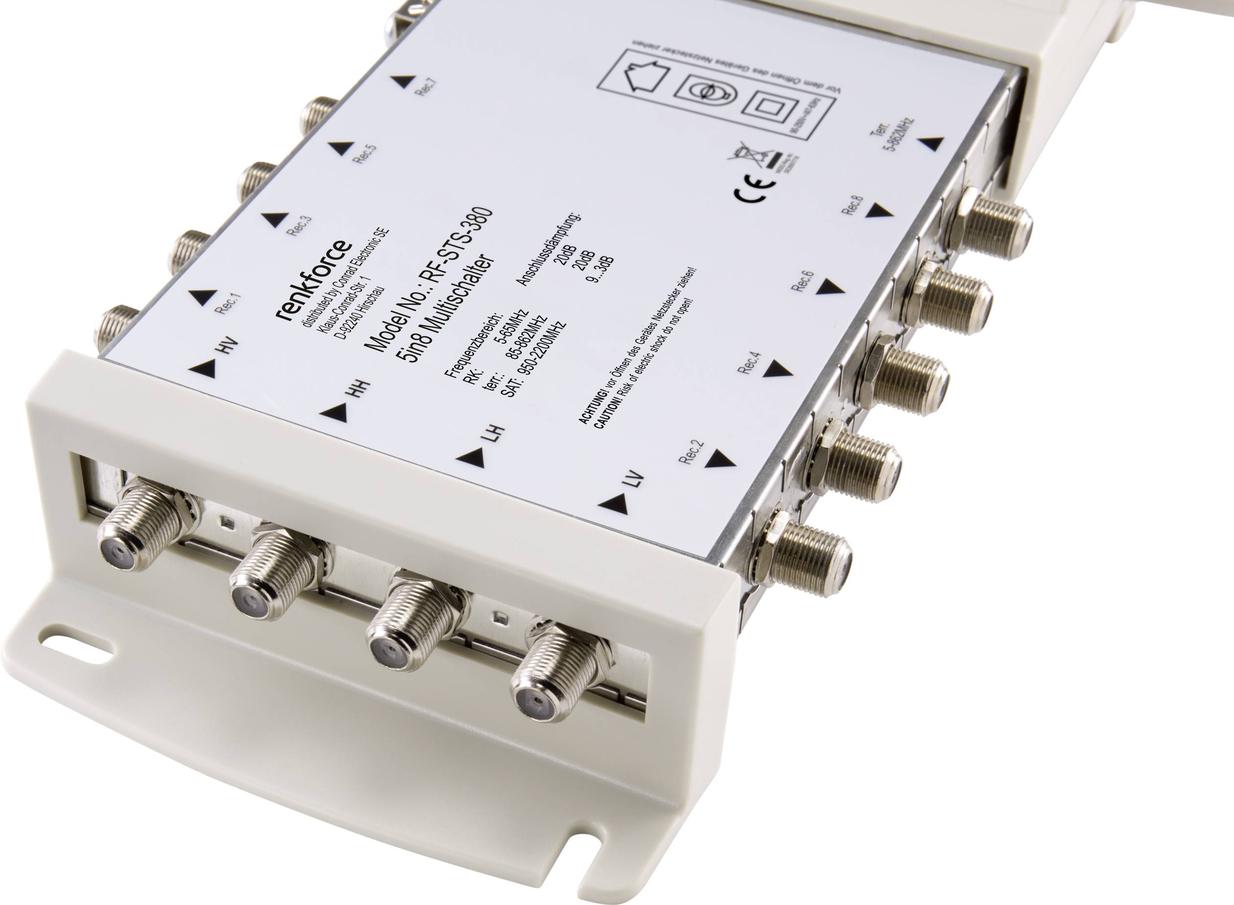 A white, rectangular multiswitch with multiple coaxial connections, used for distributing television signals in households.