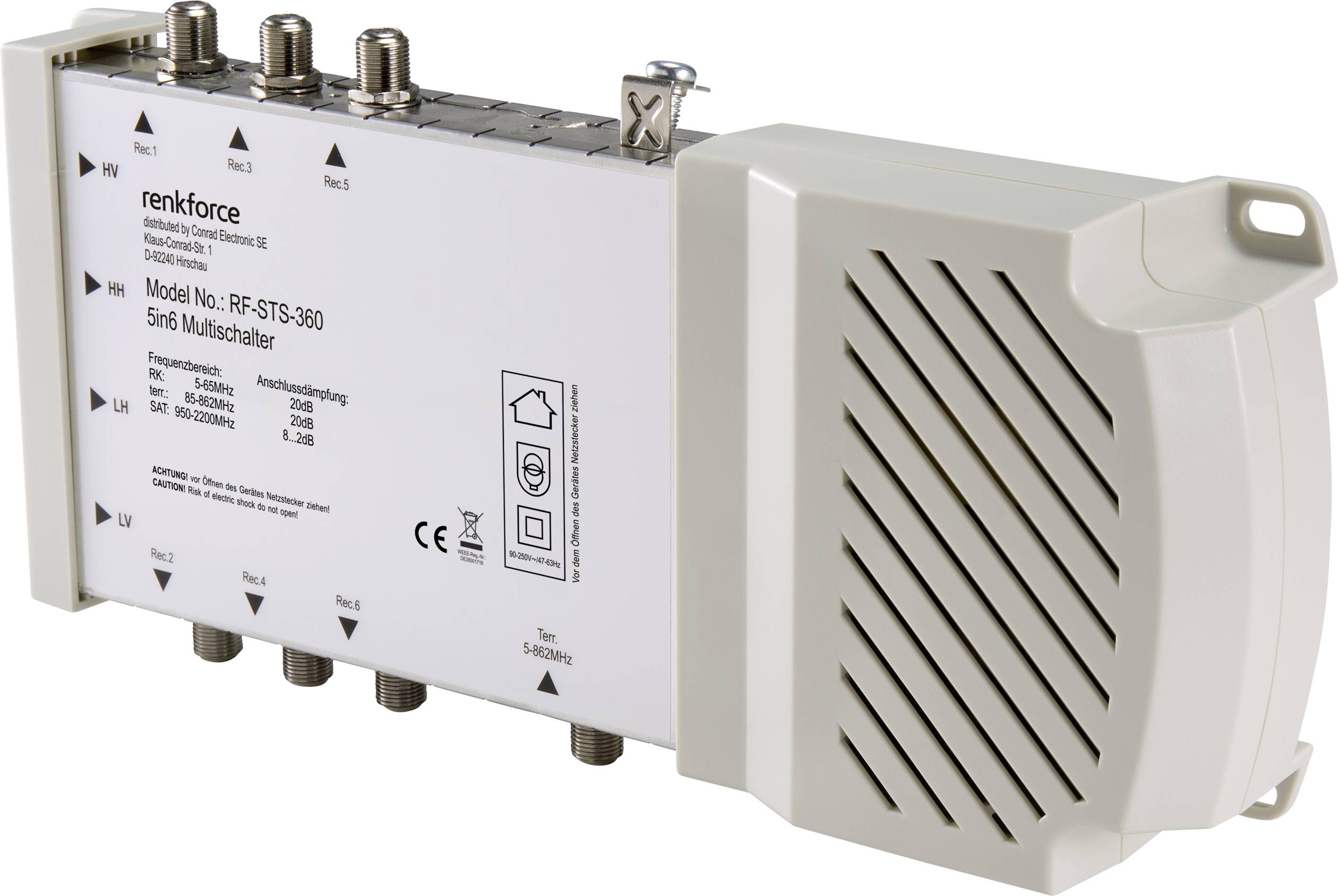 Renkforce RF-STS-360 SAT multiswitch Inputs (multiswitches): 5 (4 SAT/1 terrestrial) No. of participants: 6 Quad LNB compatible