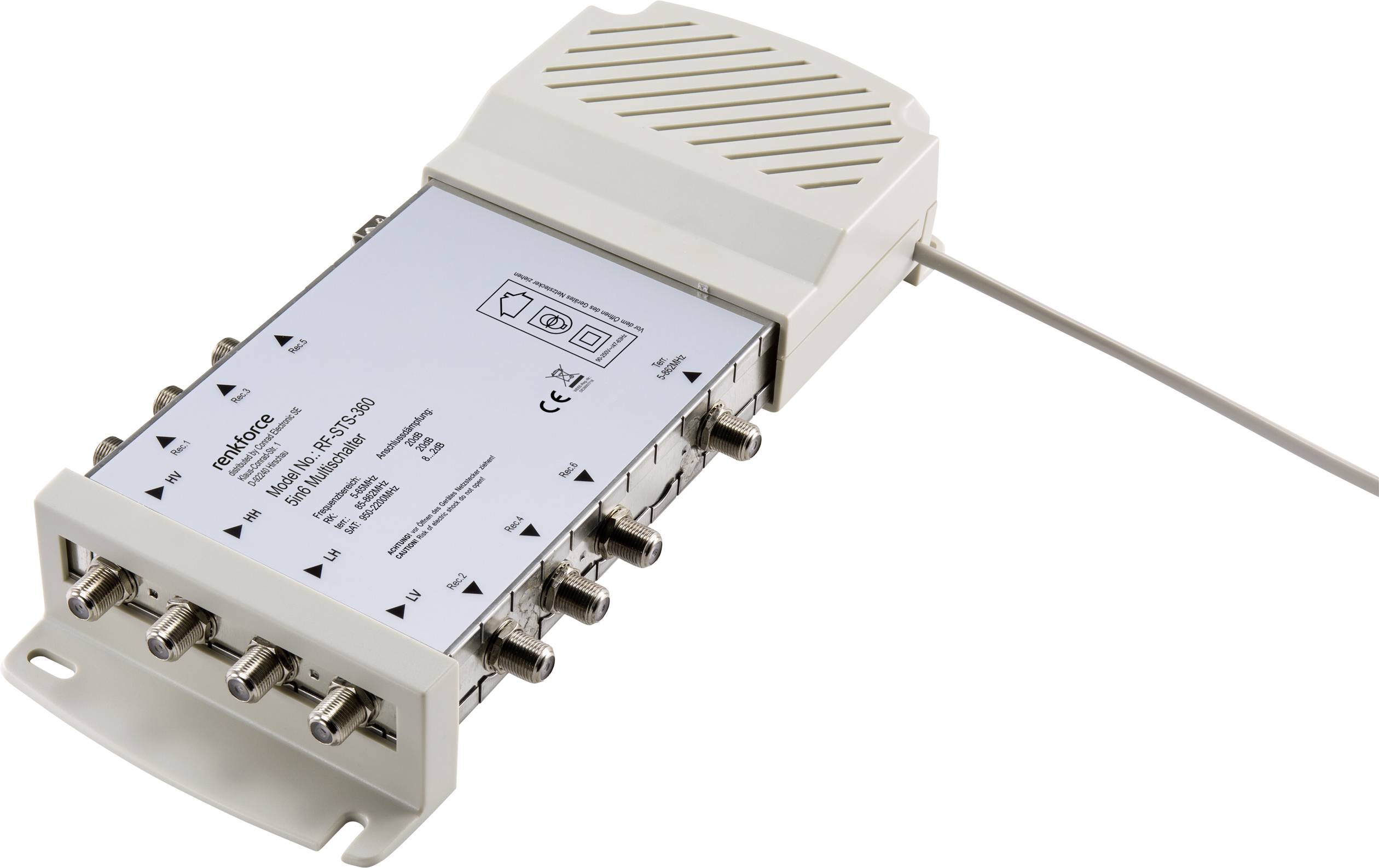 A distribution amplifier with connection cable and multiple coaxial connections. Used for signal reception and signal distribution.