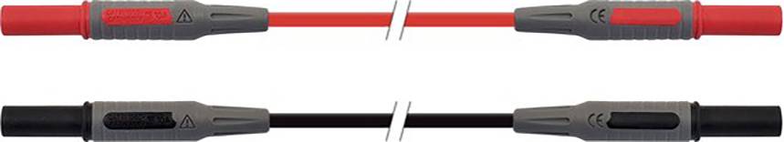 'Plug system with two connection plugs: red on top, black on bottom, both with grey casings and electrical safety symbols.'