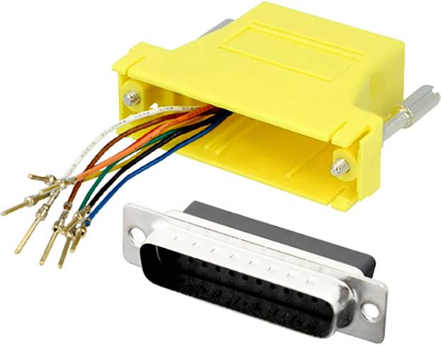 A yellow plastic socket housing with protruding colourful cables and a connector for plugging in, suitable for technical applications.