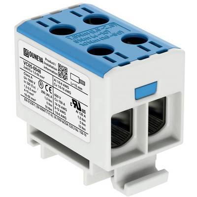 Electrical distribution terminal with a blue cover, technical inscription and markings indicating voltage and current rating.